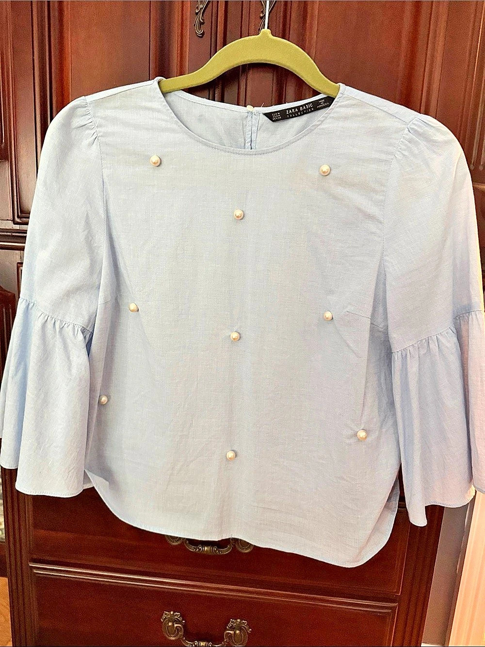 Zara Basic Collection Pearl Embellished Bell Sleeve Blouse Blue Small